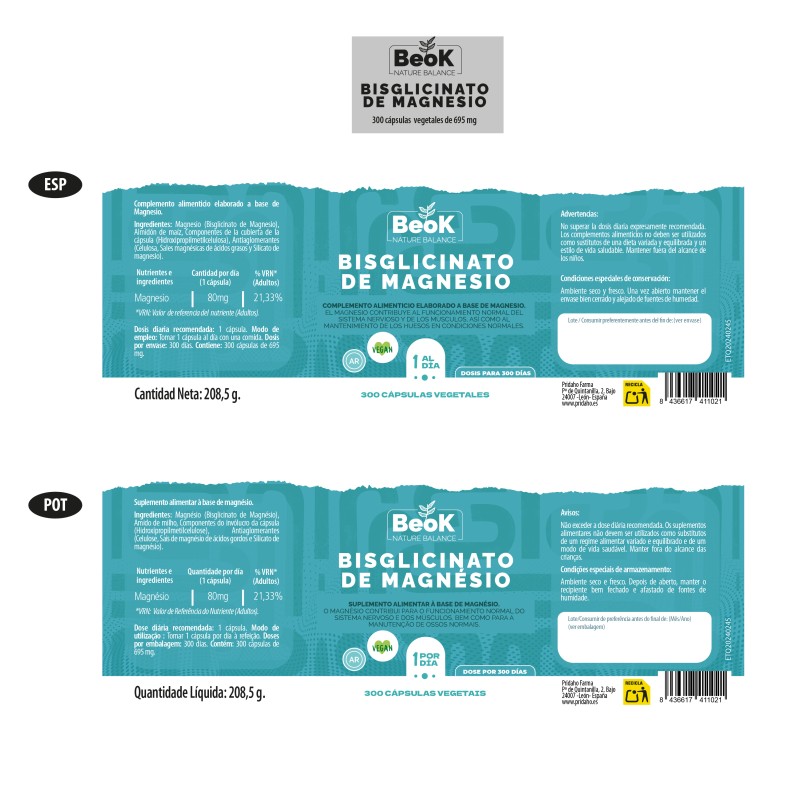 BEOK Bisglicinato de Magnesio 300 cápsulas vegetales