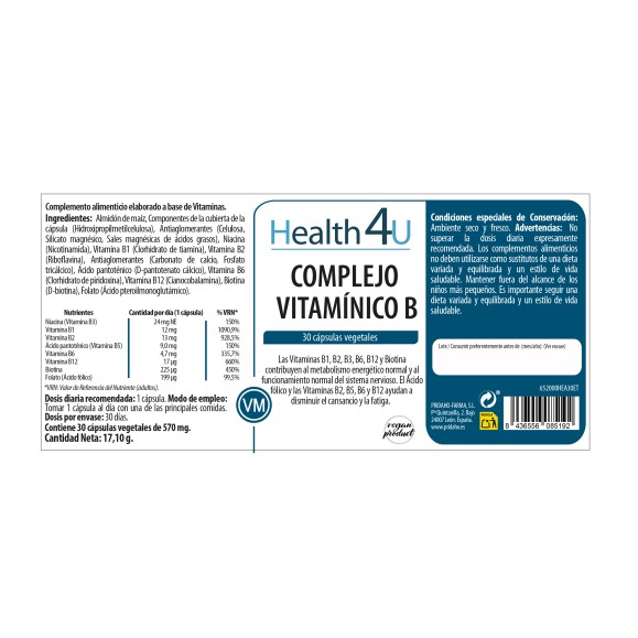 H4U Complejo Vitamínico B 30 cápsulas