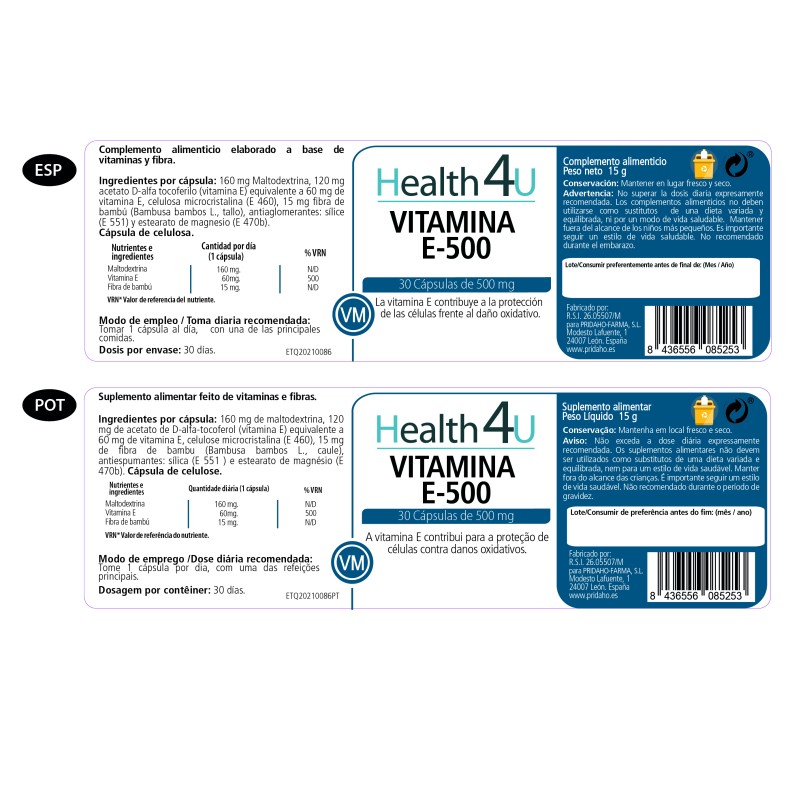 H4U Vitamina E-500 30 cápsulas