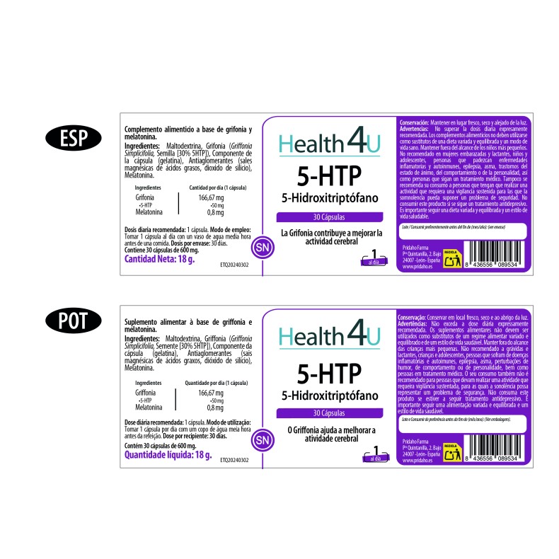 H4U 5-HTP (5-Hidroxitriptófano) 30 cápsulas