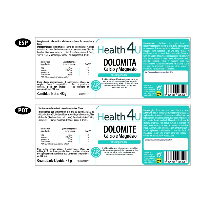 H4U Dolomita calcio y magnesio 60 comprimidos