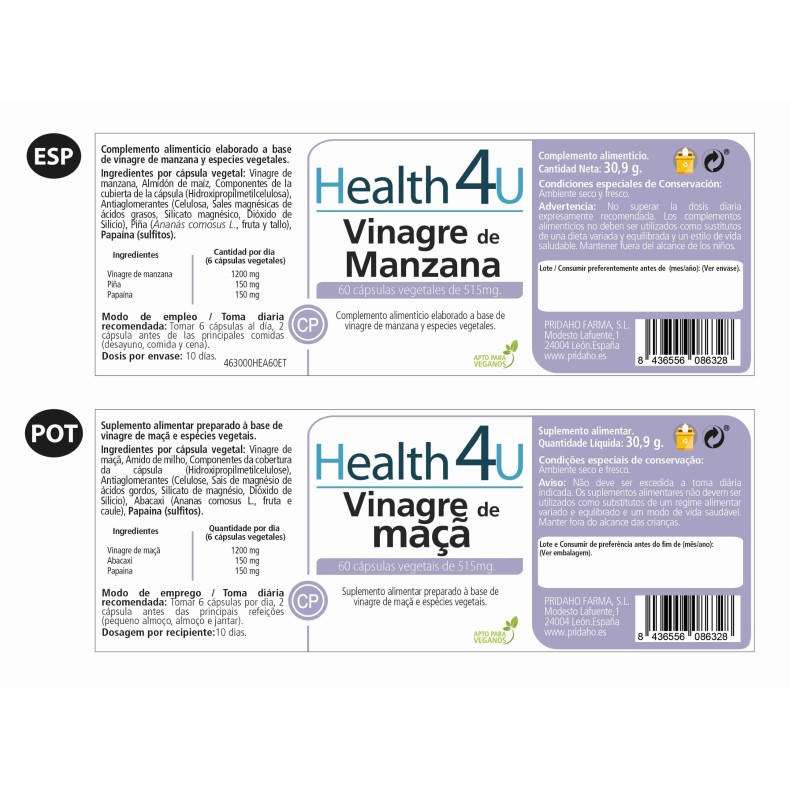 H4U Vinagre de manzana 60 cápsulas vegetales