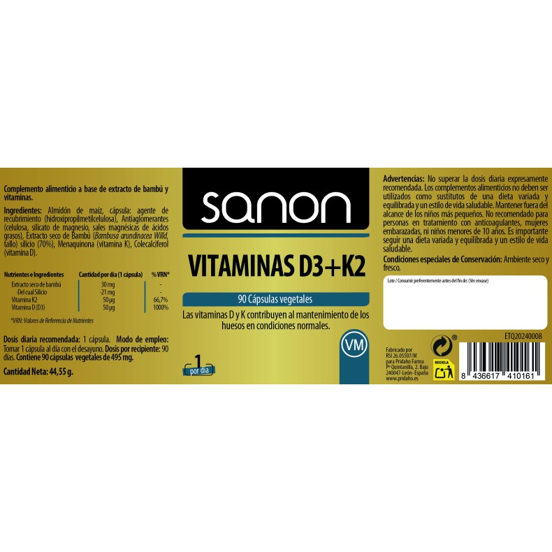 SANON Vitaminas D3+K2 90 cápsulas vegetales