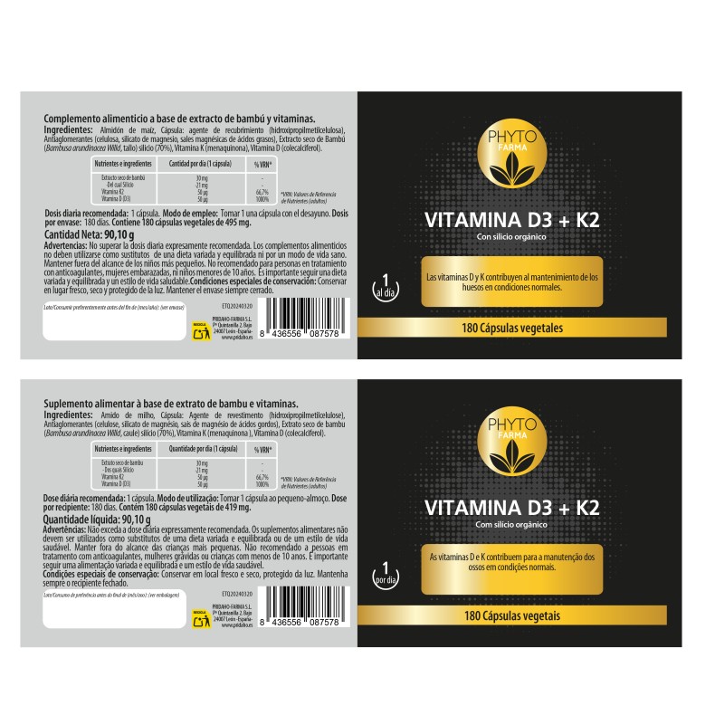 PHYTOFARMA Vitamina D3 + K2 180 cápsulas vegetales