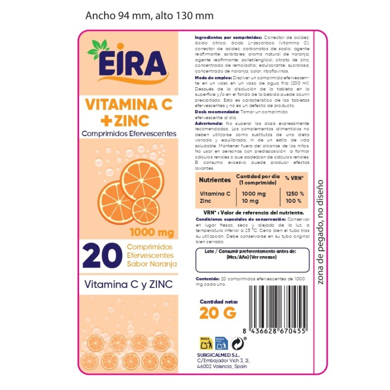 EIRA Vitamina C + Zinc 20 comprimidos efervescentes