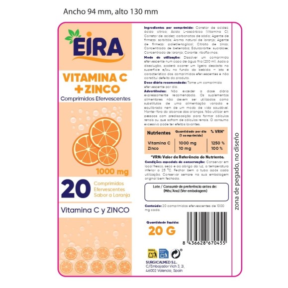 EIRA Vitamina C + Zinc 20 comprimidos efervescentes