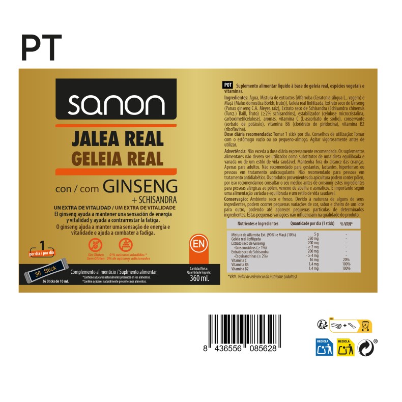 SANON Jalea real con Ginseng + Schisandra 36 sticks