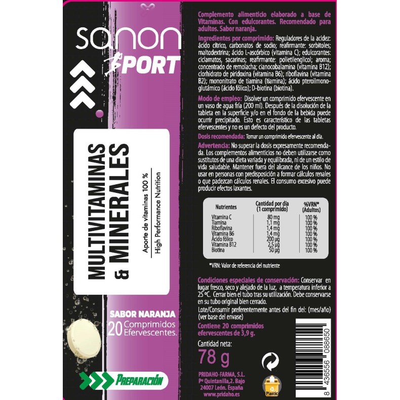 SANON SPORT Multivitaminas 20 comprimidos efervescentes sabor naranja