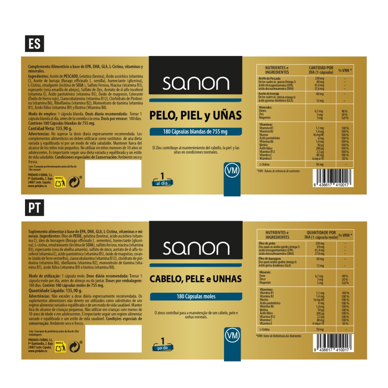 SANON Pelo, piel y uñas 180 cápsulas blandas