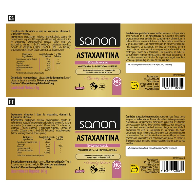 SANON Astaxantina 180 cápsulas vegetales