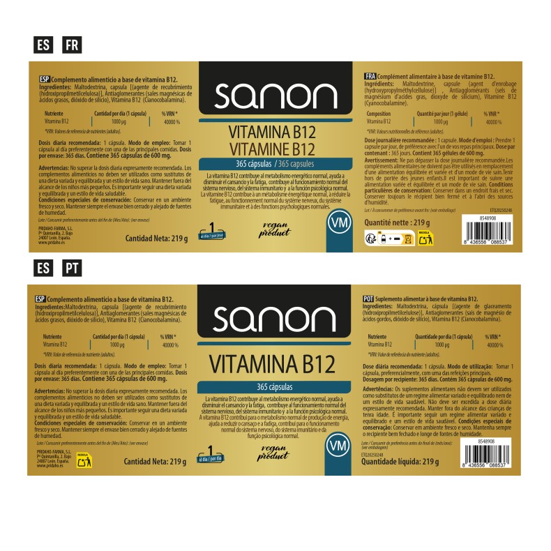 SANON Vitamina B12 365 cápsulas
