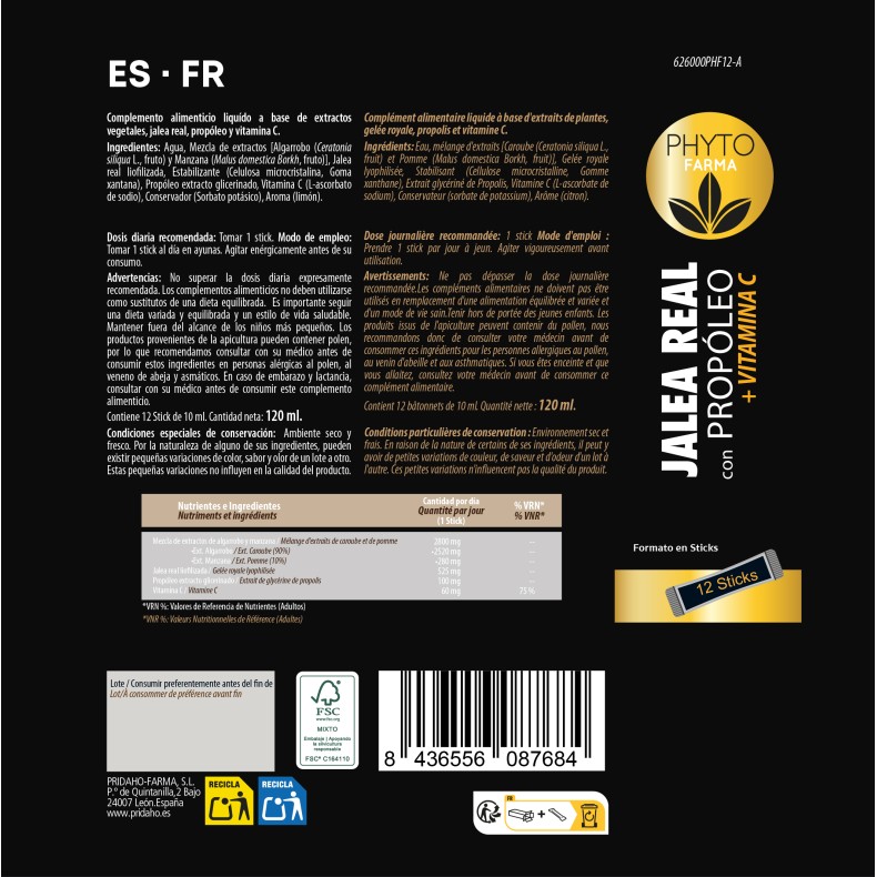 PHYTOFARMA Jalea real con propóleo + Vitamina C 12 stick de 10 ml