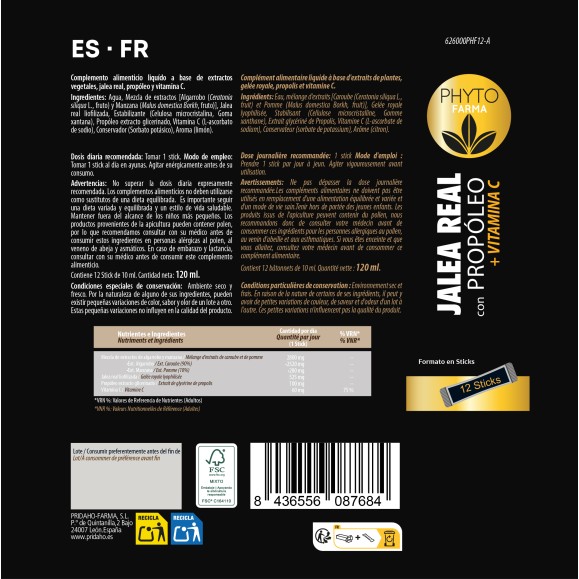 PHYTOFARMA Jalea real con propóleo + Vitamina C 12 stick de 10 ml