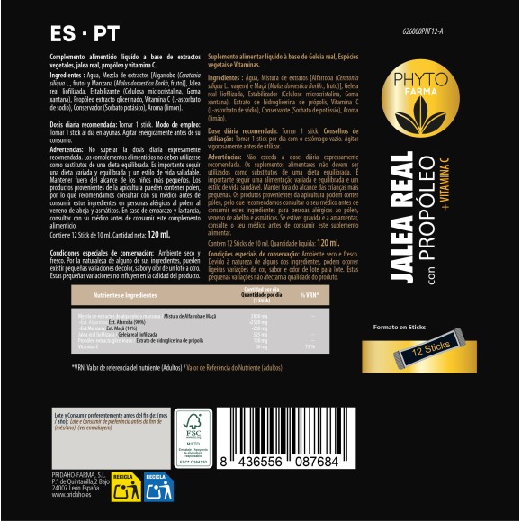 PHYTOFARMA Jalea real con propóleo + Vitamina C 12 stick de 10 ml