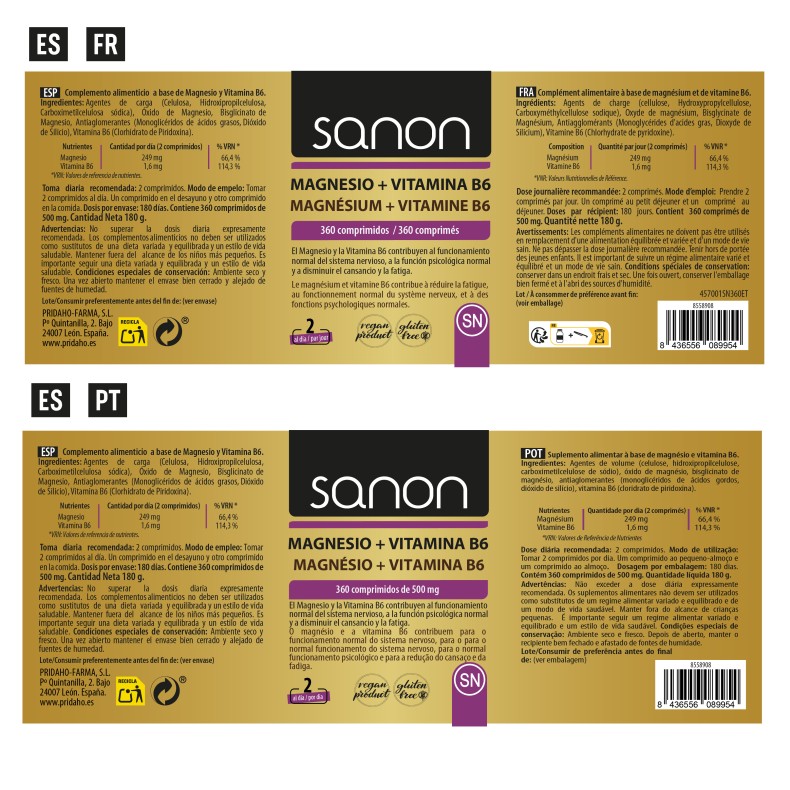 SANON Magnesio + Vitamina B6 360 comprimidos