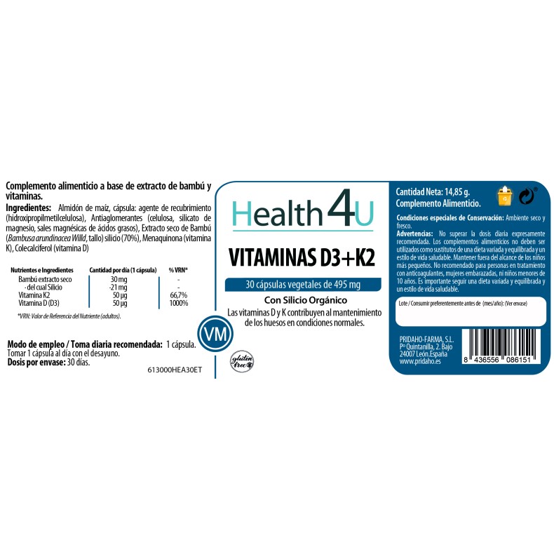 H4U Vitamina D3+K2 30 cápsulas vegetales