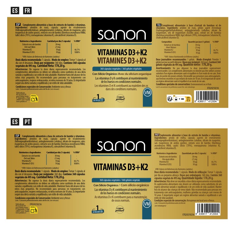SANON Vitaminas D3+K2 360 cápsulas vegetales