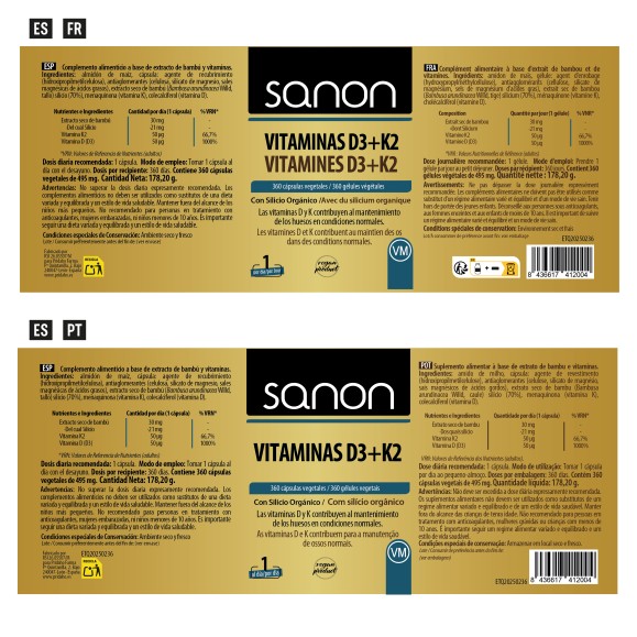 SANON Vitaminas D3+K2 360 cápsulas vegetales