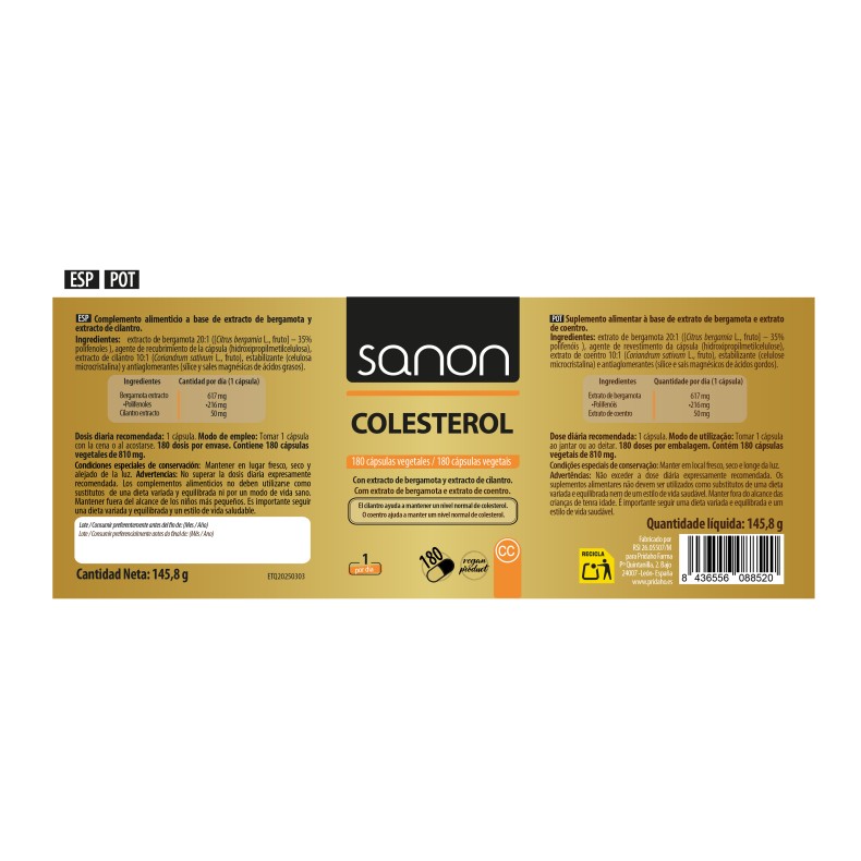 SANON Colesterol (Bergamota +Cilantro) 180 cápsulas