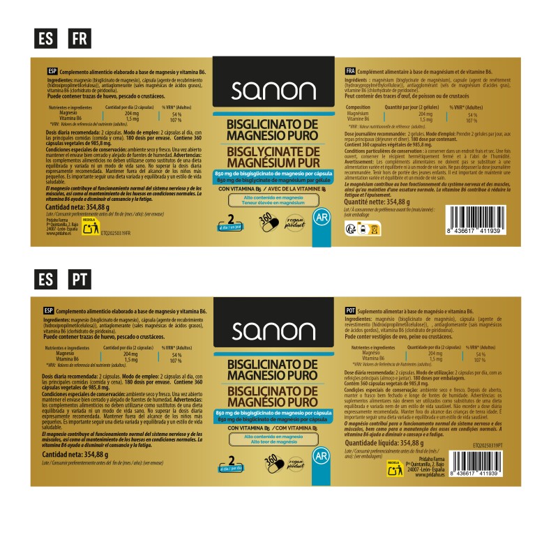 SANON Bisglicinato de magnesio puro 360 cápsulas