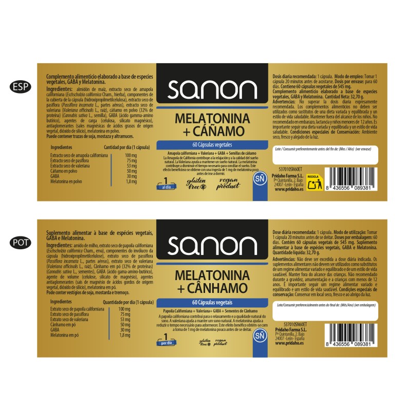 SANON Melatonina + Cáñamo 60 cápsulas vegetales