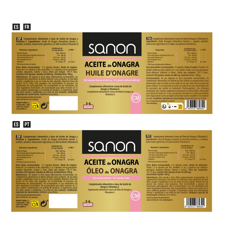 SANON Aceite de Onagra 450 cápsulas blandas