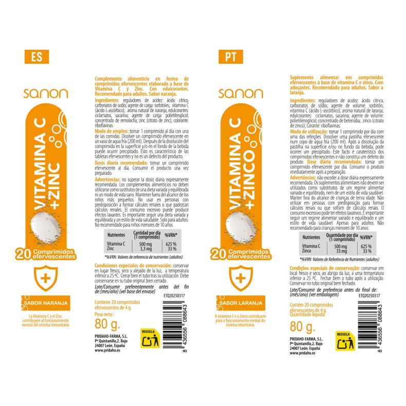 SANON Vitamina C + Zinc 20 comprimidos efervescentes sabor naranja