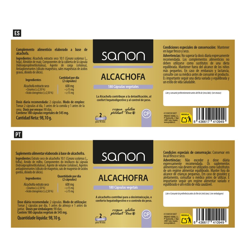 SANON Alcachofa 180 cápsulas vegetales