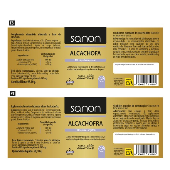 SANON Alcachofa 180 cápsulas vegetales