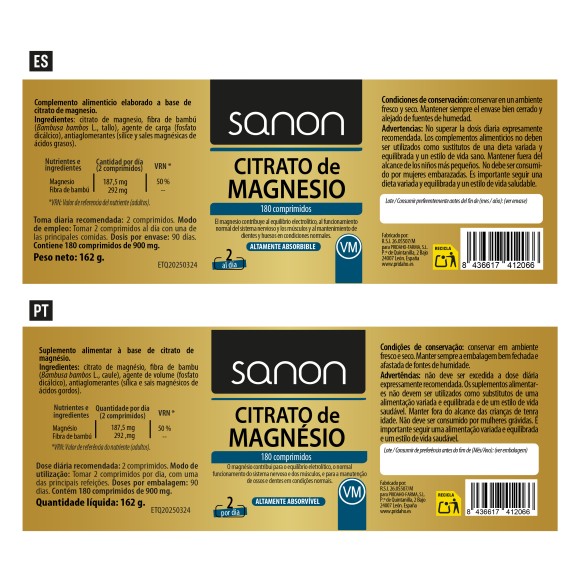 SANON Citrato de magnesio 180 comprimidos