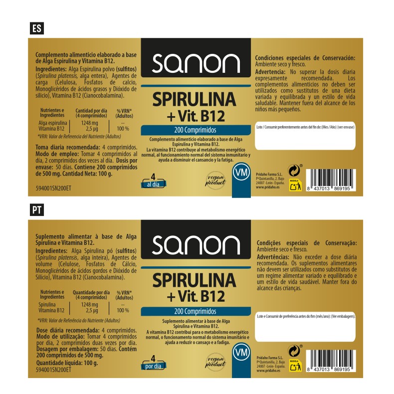 SANON Spirulina + vitamina B12 200 comprimidos
