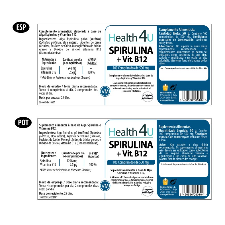 H4U Spirulina + Vitamina B12 100 comprimidos