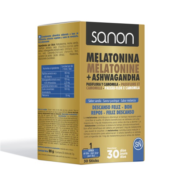 SANON Melatonina + Ashwagandha - Pasiflora y Camomila 30 sticks sabor sandía