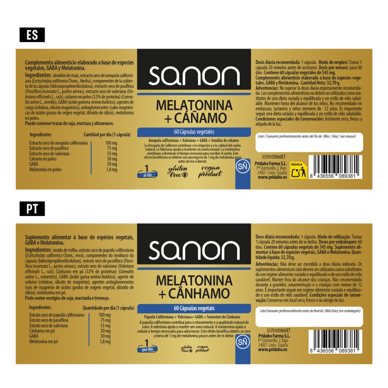 SANON Melatonina + Cáñamo 60 cápsulas vegetales