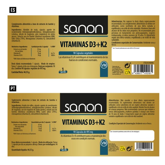 SANON Vitaminas D3+K2 90 cápsulas vegetales