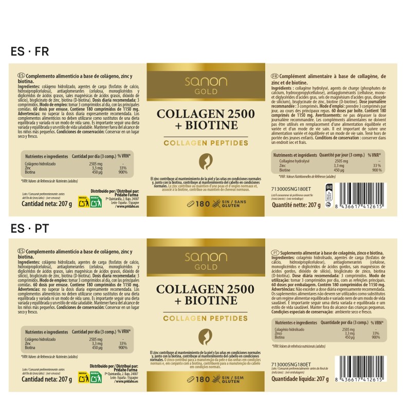 SANON GOLD Collagen 2500 + Biotine 180 comprimidos