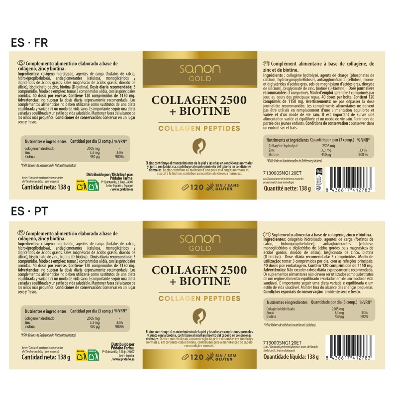 SANON GOLD Collagen 2500 + Biotine 120 comprimidos