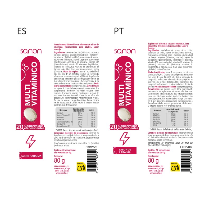 SANON Multivitaminas 20 comprimidos efervescentes sabor naranja