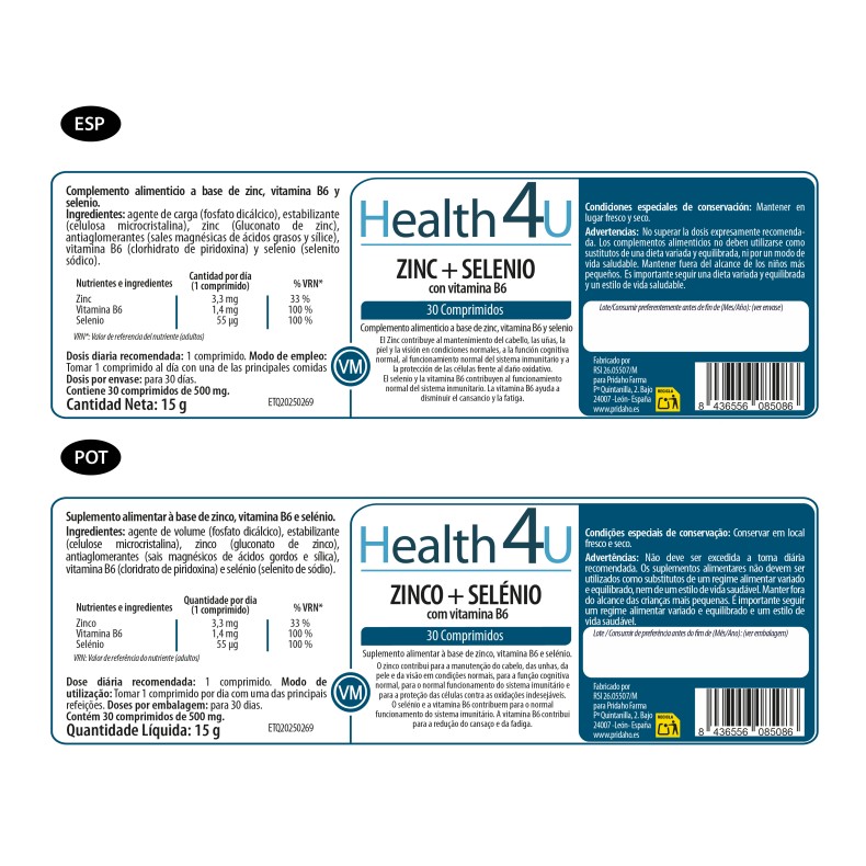 H4U Zinc + Selenio + Vit. B6 30 comprimidos
