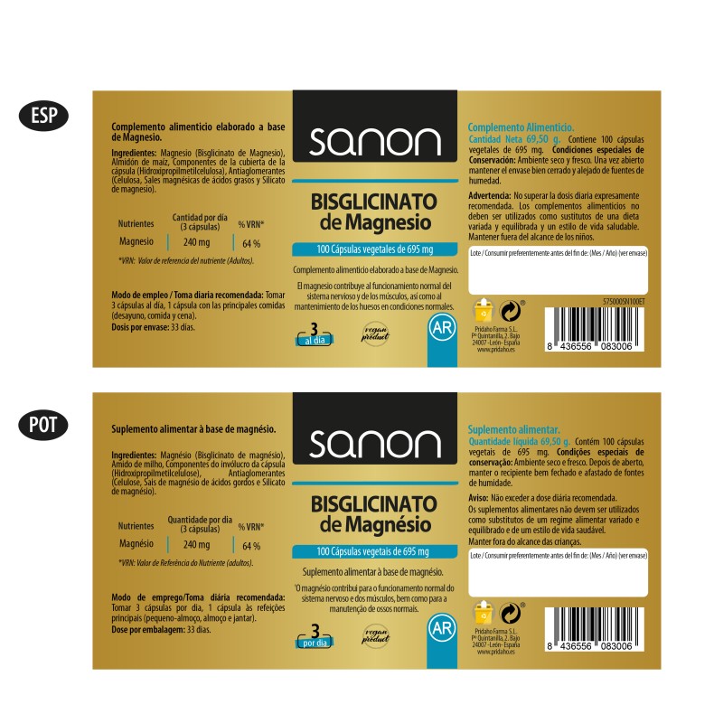 SANON Bisglicinato de Magnesio 100 cápsulas vegetales